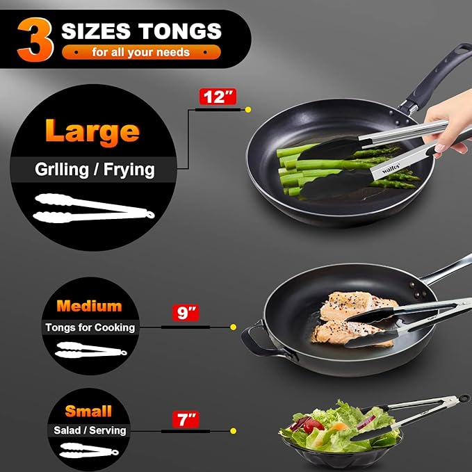 Walfos Kitchen Tongs - Heat Resistant Cooking Tongs Set of 3, Stainless Steel and BPA Free Silicone Tips, Great for Cooking, Grilling, Turning, 7" 9" and 12" (3 black silicone tongs)