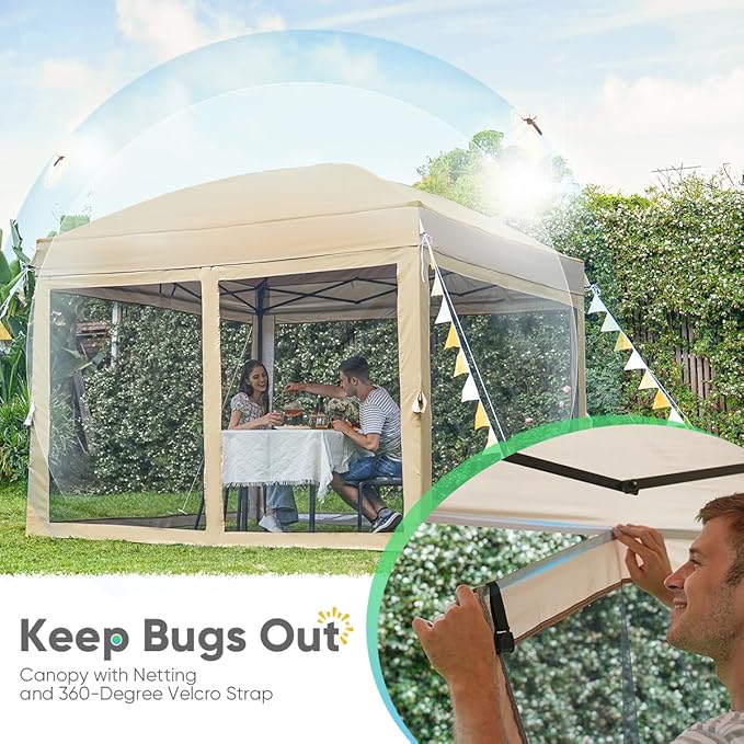 Quictent 10’x10’ Pop up Canopy Tent with Netting, One Person Instant Setup Screen House Room Tent Screened- 2 Magnetic Doors Waterproof (Tan)