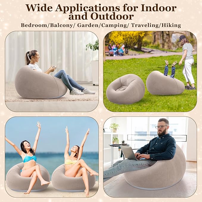 Realspring Inflatable Bean Bag Chairs Outdoor Blow up Camping Chairs Inflatable Lazy Sofa Folding Portable Bean Bag Loungers Couch for Movie Night(Coffee,12 Pcs)