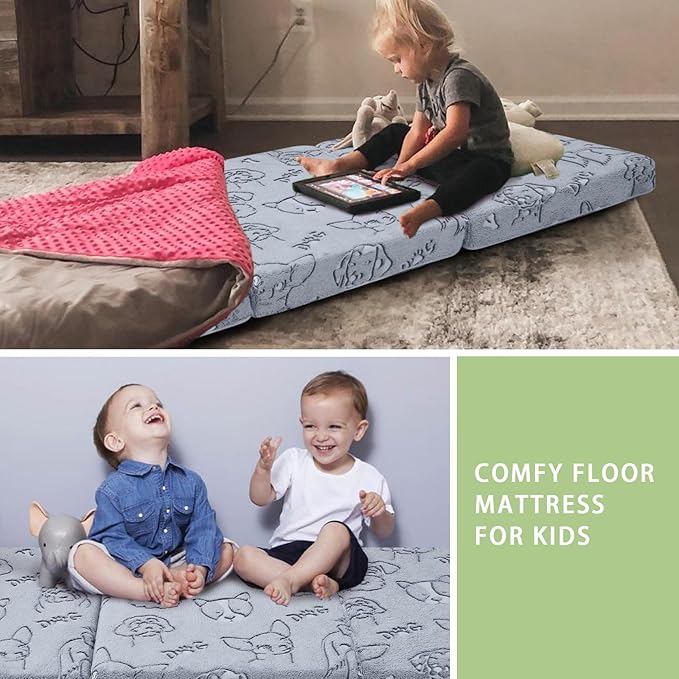 MeMoreCool Glow-in-The-Dark Dog Foldable Floor Mattress for Kids, Trifold Nap Mat for Toddlers, Portable Daycare Sleeping Futon or Floor Bed, 57x22 Inch