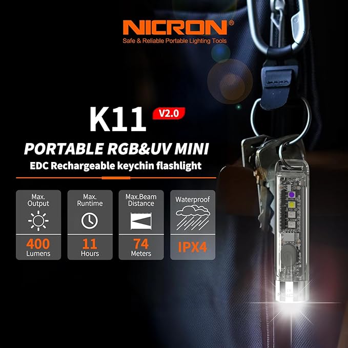NICRON K11 Rechargeable Keychain Flashlight Lightweight,400 Hight Lumen with Extra 4 Sidelight, IPX4 EDC Mini Flashlight Be Used for Camping Outdoors Emergency Daiy Use