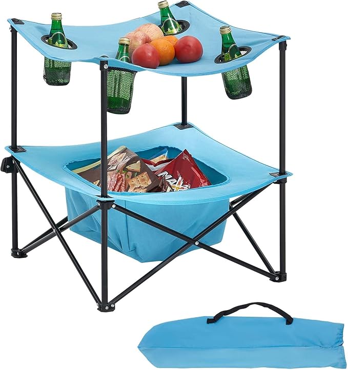 VEVOR Folding Camping Table, Portable Outdoor Lightweight Picnic Table, 600D Oxford Fabric Waterproof Canvas Travel Beach Tables, with 4 Cup Holders, Carry Bag, for Tailgating Camping Picnic, Blue