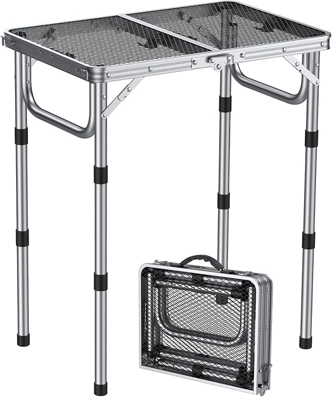 2ft Folding Grill Table, Adjustable Height Max 27.5" Aluminum Camping Table, Heat-Resistant Tabletop, Lightweight, Portable Handle for Travel Cooking BBQ Picnic, 22.8" x 16", Silver