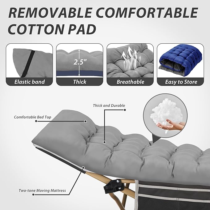 Folding Camping Cot for Sleeping, Portable Cots for Adults, Heavy Duty Cot Bed 550LBS(Max Load), Extra Wider Cots with Large Pocket for Outdoor, Office, Beach