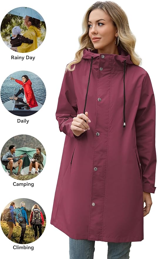 Zando Long Packable Rain Jacket Women Waterproof - Raincoat for Women Rain Coat with Hood Lightweight Outdoor Windbreaker