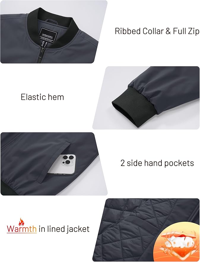 Cotrasen Men's Bomber Jacket Full Zip Windbreaker Warm Winter Windproof Casual Outwear Padded Lined Coats