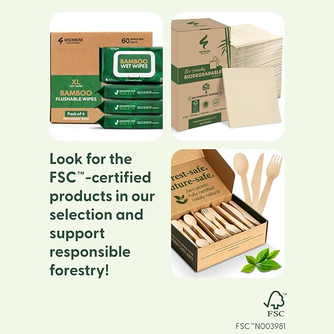Disposable Wooden Cutlery Set - 300 Count (100 Forks, 100 Knives, 100 Spoons) – Plastic-free Packaging - Biodegradable Silverware and Splinter-free Compostable Utensils for Parties
