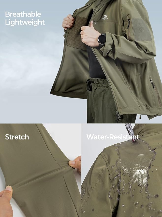 Men’s Tactical Jacket Lightweight Hooded Windbreaker Water Resistant Stretch Breathable 9 Pockets Outdoor Work Coat