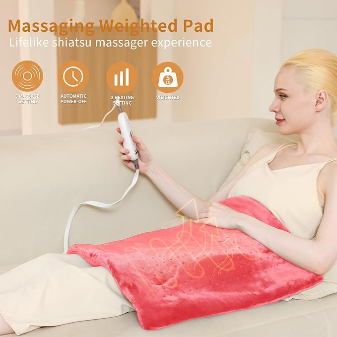 Massaging Weighted Heating Pad for Back Pain Relief,Heating Pads for Neck, Shoulder,Cramp,Portable Heated Pad with 3 Heat Settings & 6 Massage,18 Relaxing Combinations,Auto Off,20"*24",Grapefruit Red