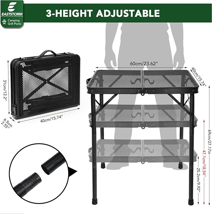 Small Folding Grill Table 3 Heights, Easy for Storage, Compact and Portable Picnic Table for Outdoor Camping, Garden, Patio, Dining, BBQ, Party, Market, 2Ft (Small, Black)