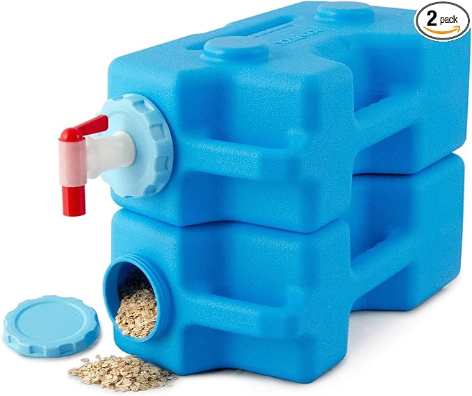 AquaBrick Emergency Water Storage Containers w Ventless Spigot Cap, Leak Proof Guaranteed Portable Stackable - holds 3 Gal, Long Term Food Storage holds 20 lbs, 2 Cont PK + Spigot