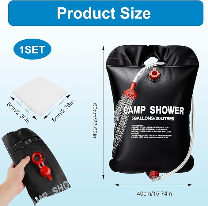 5 GallonsSolar Shower Bag with a Cotton Towel, 20L Portable Solar Heating Camping Shower Bag for Outdoor Traveling Hiking Summer Shower, Cold & Hot Water Hiking Climbing (Black)