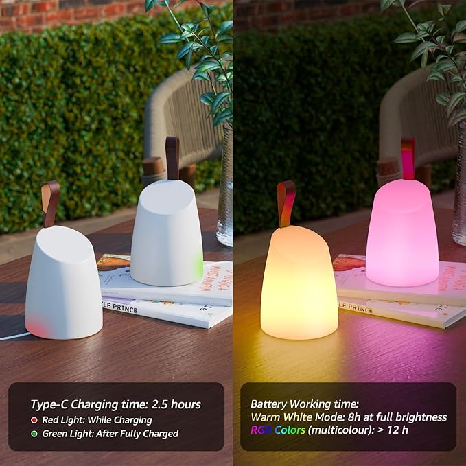 uuffoo 2 Pack Portable Outdoor Table Lamp LED Camping Lantern, Rechargeable Table Lamp with Remote, RGB & Warm White, IP44 Water-Resistant, Timer & Memory, Hanging Lantern for Patio, Garden, Camping.