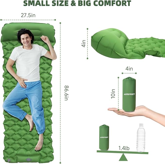 Inflatable Sleeping Pad with Pillow for Camping-Built in Foot Pump Fast Inflation-Ultralight Upgraded Durable Compact Sleeping Mat Moisture Proof Air Mattress for Backpacking,Hiking,Travel,Tent