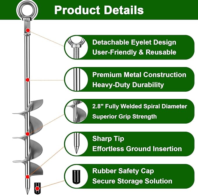 18 inch Fully Welded Ground Anchor Screw in Heavy Duty Earth Anchors Set for Mobile Home, Swing, Trampoline Tent Anchors Wind Resistant Tree Stakes and Supports with Drill Socket, 6 Pack