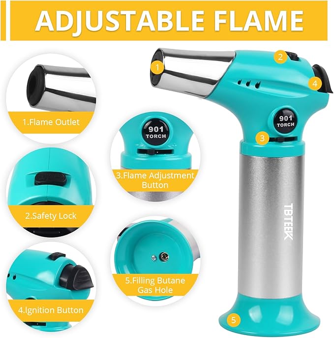 TBTEEK Butane Torch T901, Kitchen Torch Cooking Torch with Safety Lock & Adjustable Flame for Cooking, BBQ, Baking, Brulee, Creme, DIY Soldering(Butane Not Included), Aqua