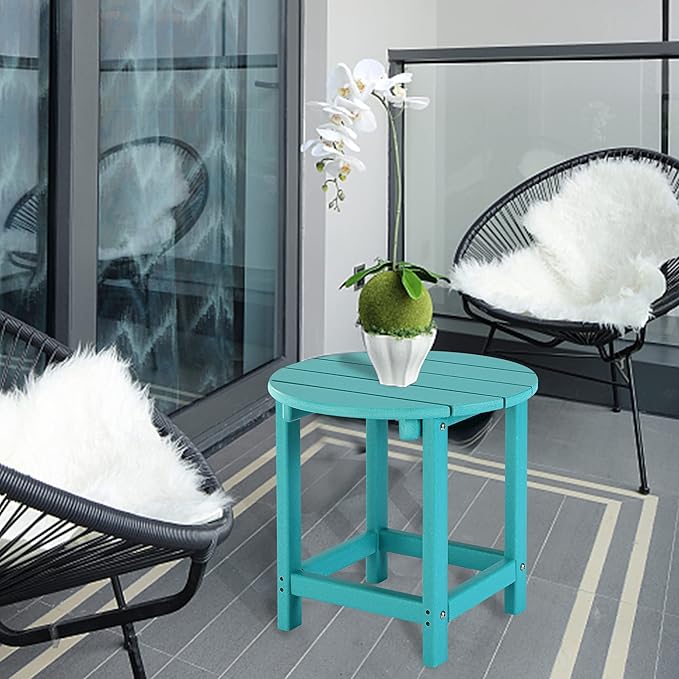 LZRS Round Adirondack Patio Side Table End Table, Outdoor Side Tables for Patio, Backyard,Pool, Indoor Companion, Easy Maintenance & Weather Resistant(Turquoise)