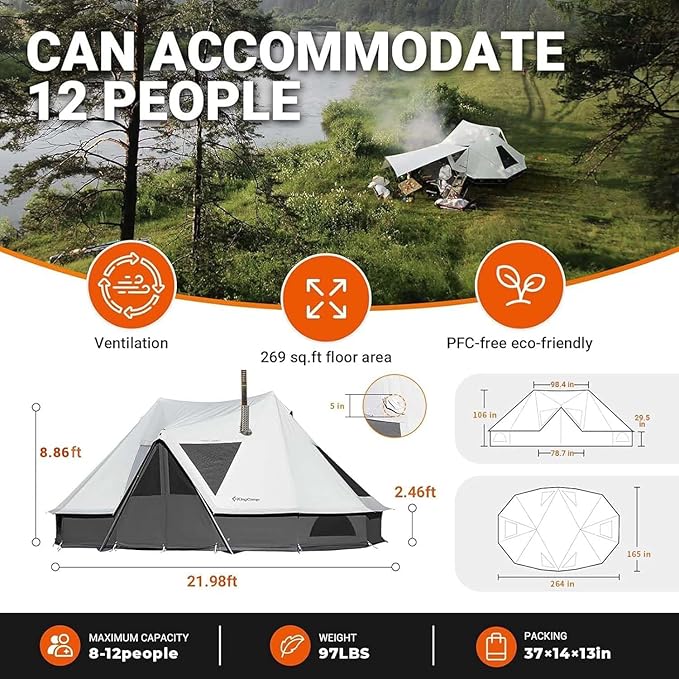 KingCamp Canvas Bell Yurt Tents, 4 Seasons Large Waterproof & Windproof Luxury Glamping Tent w/Stove Jack for Family Outdoor Camping, Hunting, Parties