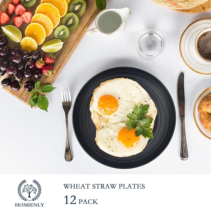Homienly Deep Dinner Plate Set of 12 - Alternative to Plastic - Microwave & Dishwasher Safe - Wheat Straw Construction - Unbreakable - Ideal for Kids (Black, 9 inch)