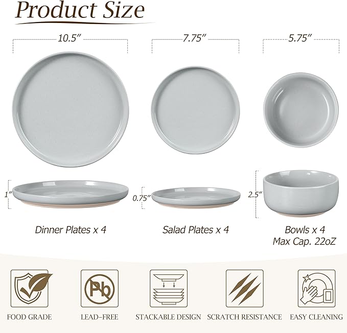 LIANYU Stoneware Dinnerware Sets for 4, 12-Piece Kitchen Dinner Dish Set, Porcelain Plates and Bowls Tableware, Safe & Healthy, Dishwasher & Microwave Safe, Glacier Gray