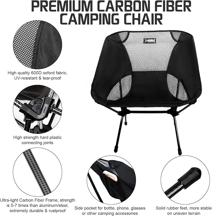 HIBLE Carbon Fiber Folding Camping Chair, Ultra-Light Portable Camp Chair for Hiking, Beach, Fishing, Stable Backpacking Chair (Supports 265 Lbs)