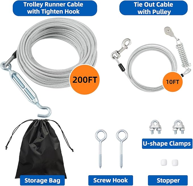 200FT Dog Runner for Yard with 10FT Tie Out Cable - Heavy Duty Trolley System for Large Dogs Up to 250LBS, Backyard/Park/Camping Use (Silver, 200FT+10FT)