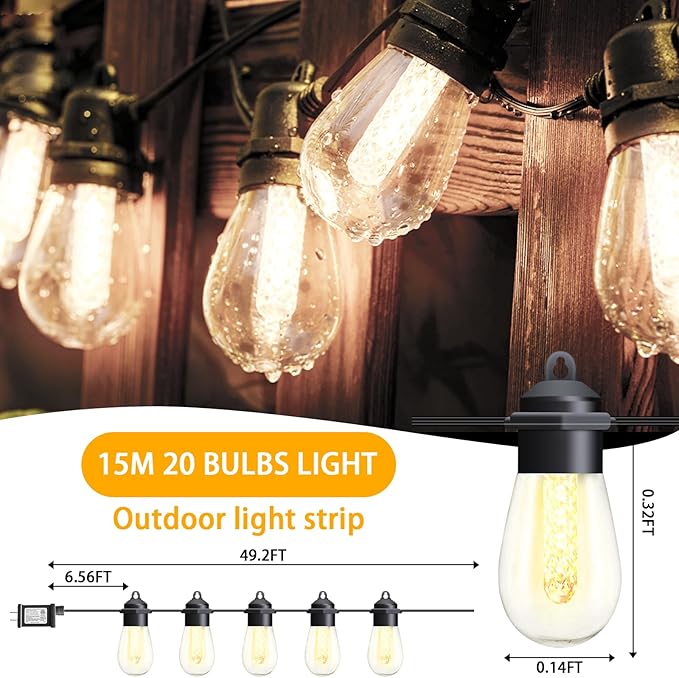 Honche 45FT Outdoor String Lights, Weatherproof LED Patio With 20 Shatterproof Warm White Vintage Edison Bulbs, 8 Modes Hanging for Garden Backyard Porch Balcony Party Decor