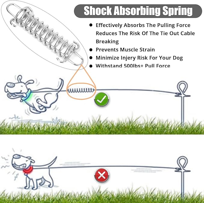 Jenico Dog Tie Out Cable - 10/15/20/30/40/50/70/100/150FT Runner Cable with Swivel Hook and Shock Spring, Leash Tether for Yard, Outdoor and Camping, Up to 500 LBS