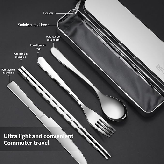 titanium tableware set, travel tableware with box, including titanium fork, knife, chopsticks and spoon, packed in a suitcase, portable design, suitable for school, work, picnic, camping use