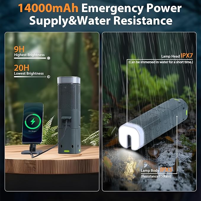 Yoobao Camping Lantern Rechargeable, 14000mAh Battery Operated, Outdoor Telescopic Camping Tent Lights, 5 Light Modes, Magnetic Base, LED Flashlight Camping Essentials for Camping, Hiking, Emergency