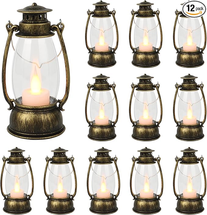 12Pcs Mini Lantern for Halloween Decor, 6Inch Small Lanterns for Western Garden Camping Party Decorations, Vintage Candleholders Table Centerpiece, Forest Christmas Wedding Decorations (Brass)