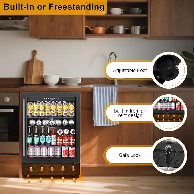 Beverage Refrigerator 24 Inch 200 Can Drink Fridge with Glass Door, Under Counter/Freestanding Beverage Cooler with Temperature Control, Reversible Door, Quick Cooling for Beer Soda Wine, Black