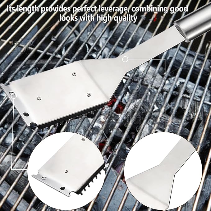 16.5” Grill Brush and Scraper with 2 Brush Replacements & 1 Screwdriver, Wire BBQ Grill Brush for Outdoor Grill, 304 Stainless Steel Cleaning Brush BBQ Grill Accessories