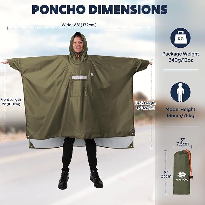 ANYOO Hooded Rain Poncho for Adults Waterproof Lightweight Rain Coat for Men Women Reusable Rain Jacket for Emergency Outdoor