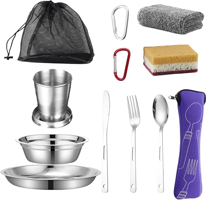 Scout Camping Mess Kits Stainless Steel Utensils Camping Dinnerware Kit Boy Scout Dishes Set Girl Scout Mess Kit with Mesh Bag Camping Cutlery Set Travel Trip School Camp Easy to Carry Clean