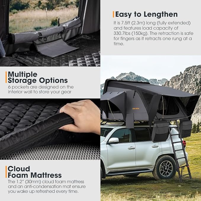 Sanhima Rooftop Tent Hard Shell - Jervis Overland Aluminium ABS Roof Top Tent w/Stargaze Window & LED Strip Light for Car SUV Truck Camping, 2-3 People