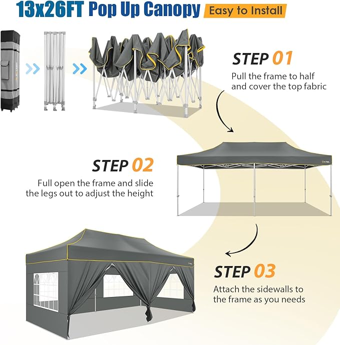 HOTEEL 13x26 Pop up Canopy Tent for Parties, Heavy Duty Easy Setup Tent with 6 Sidewalls, Outdoor Commercial Instant Gazebo for Wedding Event, with Roller Bag & Sand Bags, Grey(Hexagonal Frame)