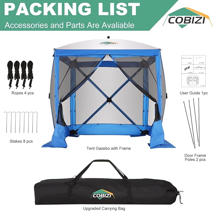 COBIZI 6x6 Pop up Gazebo Tent, Ez up Waterproof Screen Tent Screen House, Portable Outdoor Canopy Sun Shelter with Carry Bag & Ground Stakes for Camping, Garden and Picnics, Blue(Upgraded 2.0)