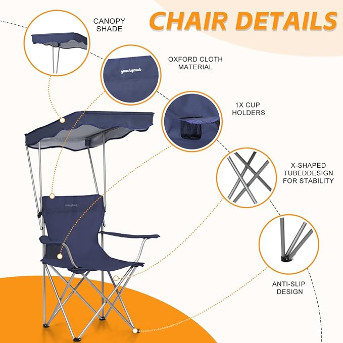 Camping Chair 2 Pack Portable Camping Chair with Canopy,Folding Chair with Canopy, Durable 600D Oxford Canopy Chair for Camping, Beach, Picnics, Fishing & Sports,NavyBlue