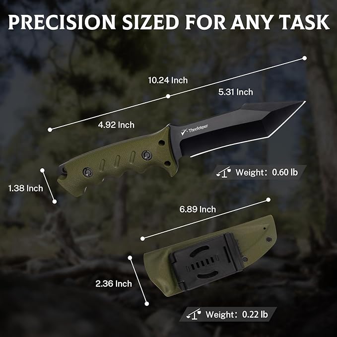 Tanto Camping Knife for Men, D2 Steel Fixed Blade Tactical Survival Knife with Sheath - Compact & Portable for Outdoor Hiking, Bushcraft, G10 Handle - Green