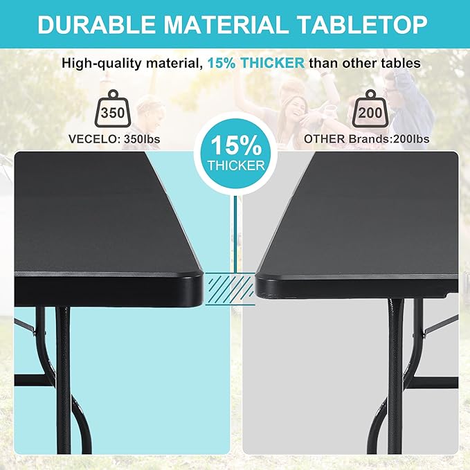 VECELO 6Ft Plastic Folding Table, Indoor Outdoor Portable Picnic Foldable Desk with Handle, Mesh Trash Bag&Lock Legs Heavy Duty for Camping,Dining&Party,Jet Black