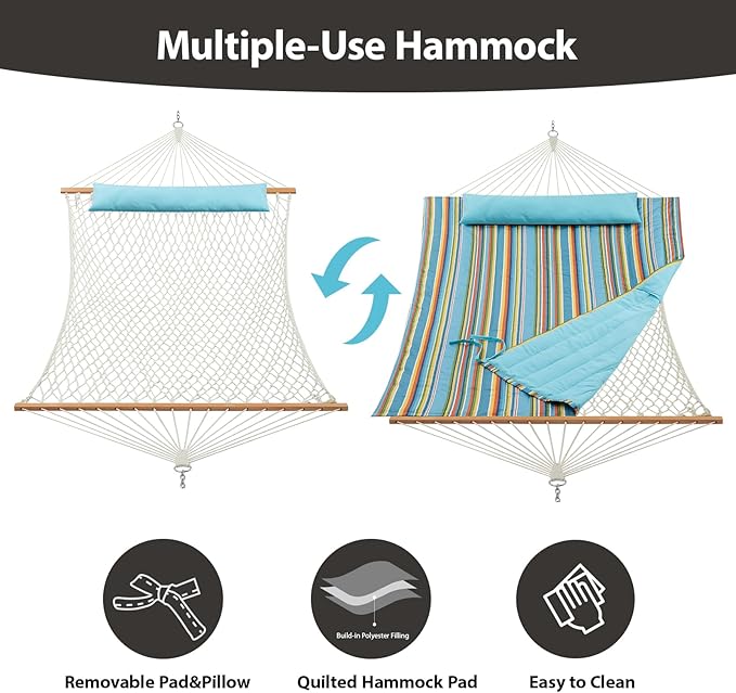 Outdoor Double Hammock with Hardwood Spreader Bars, Large Rope Hammock with Polyester Pad and Pillow, 475 LBS Capacity for 2 Person Patio Backyard Poolside - Bule Stripe