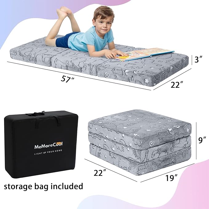 MeMoreCool Glow Dinosaur Foldable Floor Mattress for Kids, Trifold Nap Mat for Toddlers, Portable Daycare Sleeping Futon or Floor Bed, 57x22 Inch