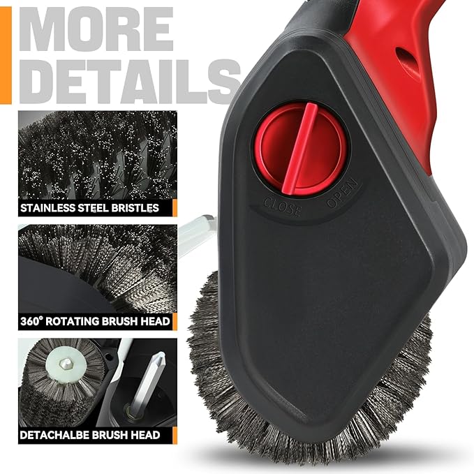 Auto Dynasty Cordless Electric Grill Brush, Rechargeable Grill Cleaning Scrub Brush with Rotating Cleaner Brush Head and Type-C Charging Cable for Outdoor Grill, Red/Black