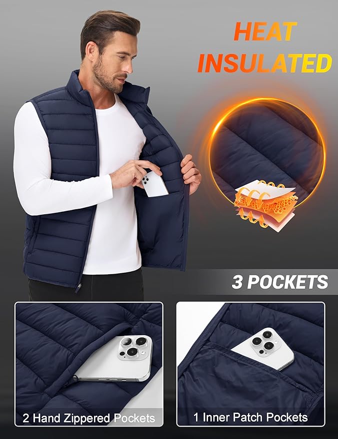 Cotrasen Men's Puffer Lightweight Vest Packable Outerwear Vest Warm Winter Outdoor Sleeveless Jacket for Travel Running