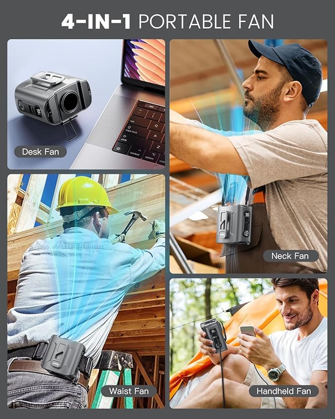 coldSky Portable Waist Fan, 10000mAh Rechargeabl with LED Display & 60H Runtime, 11000RPM Brushless Motor Shirt Fan, 5 Speeds for Outdoor Work, Camping, Farm, Jobsite (Gray)
