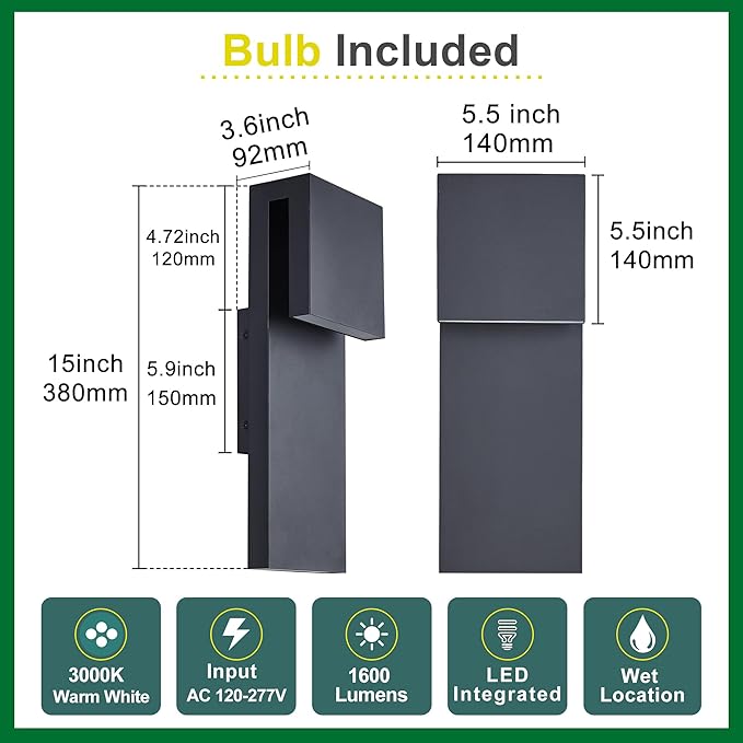 Modern Porch Lights with 2 Pack,Outdoor Indoor Integrated LED Wall Lights,2-Light Total 17W,3000K, Textured Black Finish,Outside Lights Waterproof for House Front Door Patio Garage