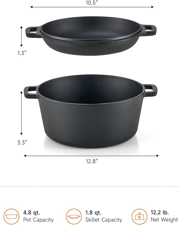 DARTMOOR 2-in-1 Pre-Seasoned Cast Iron Dutch Oven with Lid, 4.8 qt Pot & 10.5 in Skillet Cookware Set with Handles & Lid Lifter, Deep Pot for Baking Stewing Roasting, Indoor & Outdoor Use