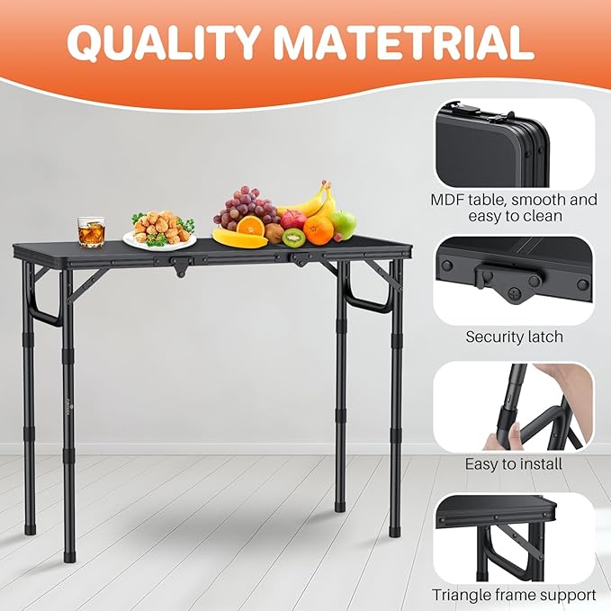 FUNYKICH 3ft Camping Folding Table with 3 Adjustable Height, Portable Small Folding Tables 34.2'' Lx15.7'' W, Lightweight Aluminum Beach Table with Carry Handle for Camping, Backyard Party, Picnic