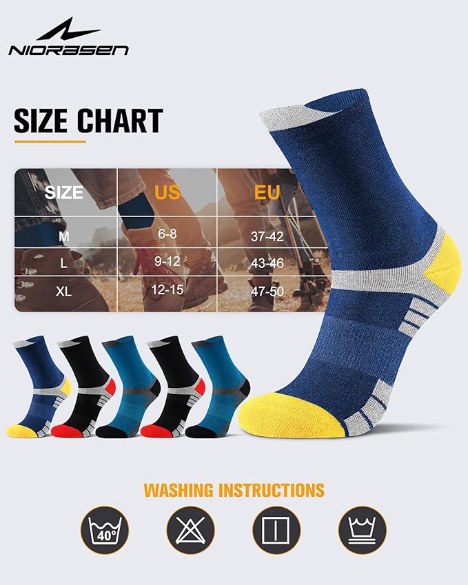 6 Pairs Men's Cotton Crew Work Boot Socks, Moisture Cushioned Athletic Sports Socks for Hiking Running Workout
